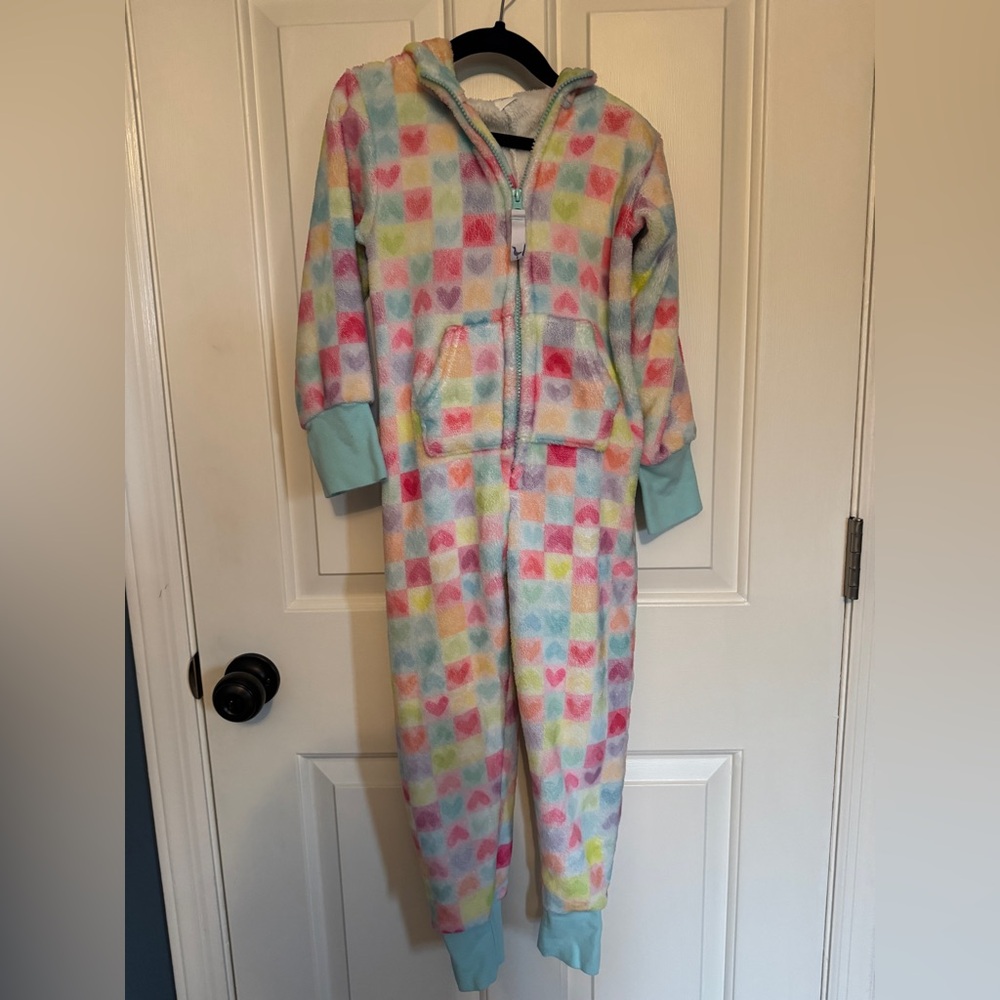 Kids Heart-Print Hooded One-Piece in Pastel Multi